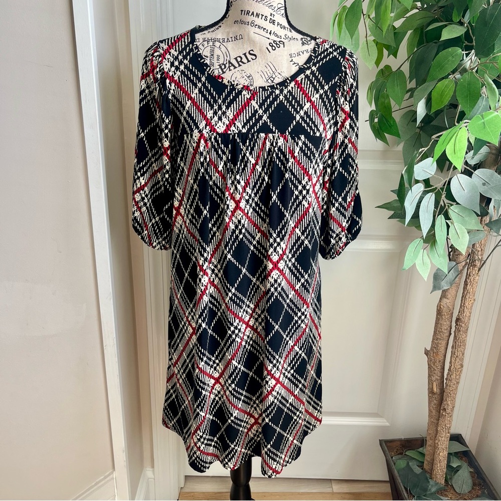 Wrapper Y2K Tartan Plaid Empire Puff Sleeve Dress Black Red White Sz M